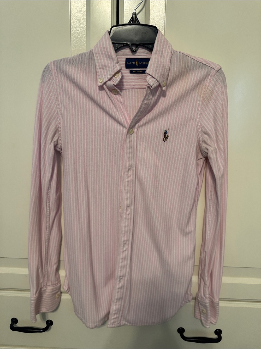 Ralph Lauren women’s Knit Oxford classic white and pink stripe Button-Down Shirt